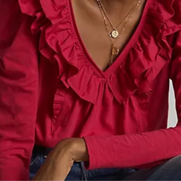 by Anthropologie Ruffle V Neck Long Sleeve Tee Blouse Small - Picture 3 of 11
